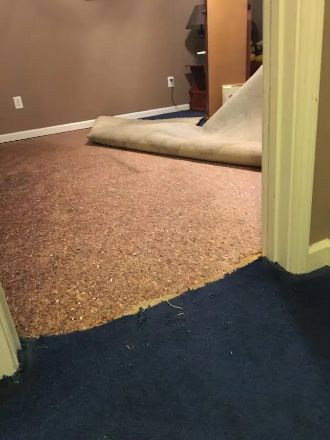 Carpet pad removal revealing water damage during Water Mitigation Services in Byron